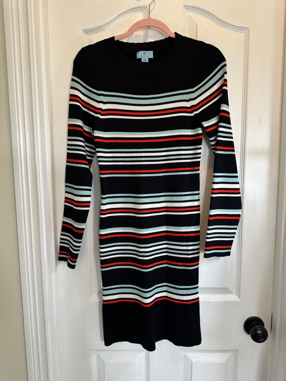 CeCe Black Ribbed Long Sleeve Dress with Mint & Red Stripes